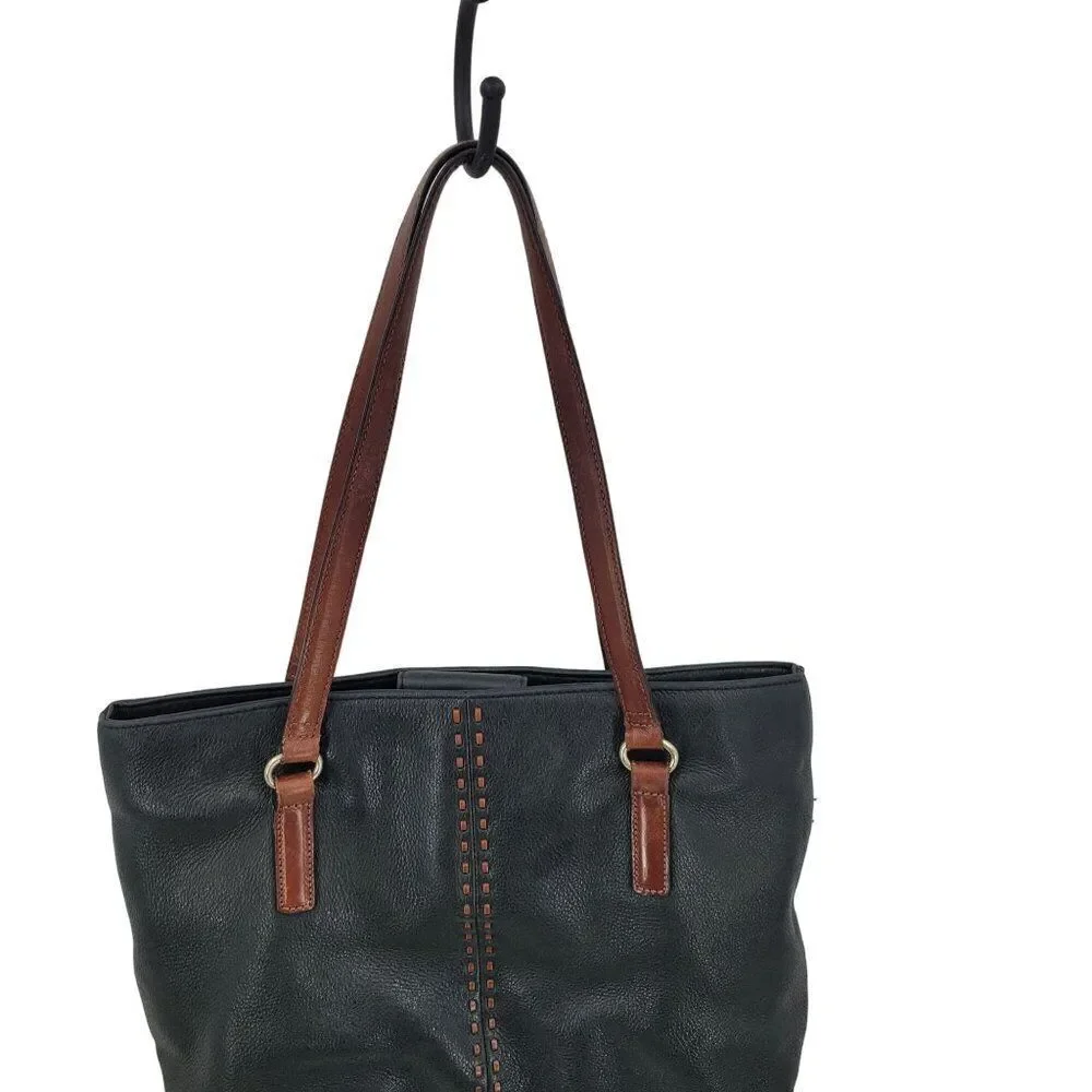 Fossil Black Genuine Leather Tote Bag Pebble Brown Embroidery‎ Western City Med